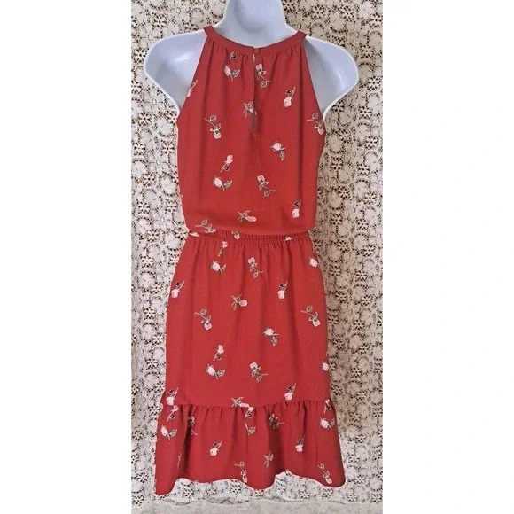 Loft Halter Dress L Brick Red Floral Elastic Waist High Neck Keyhole Back Summer - Picture 9 of 9